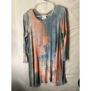 2187 Pixi & Ivy Women Tye Dye Long Sleeve Tshirt Dress Size Large Coral and Blue